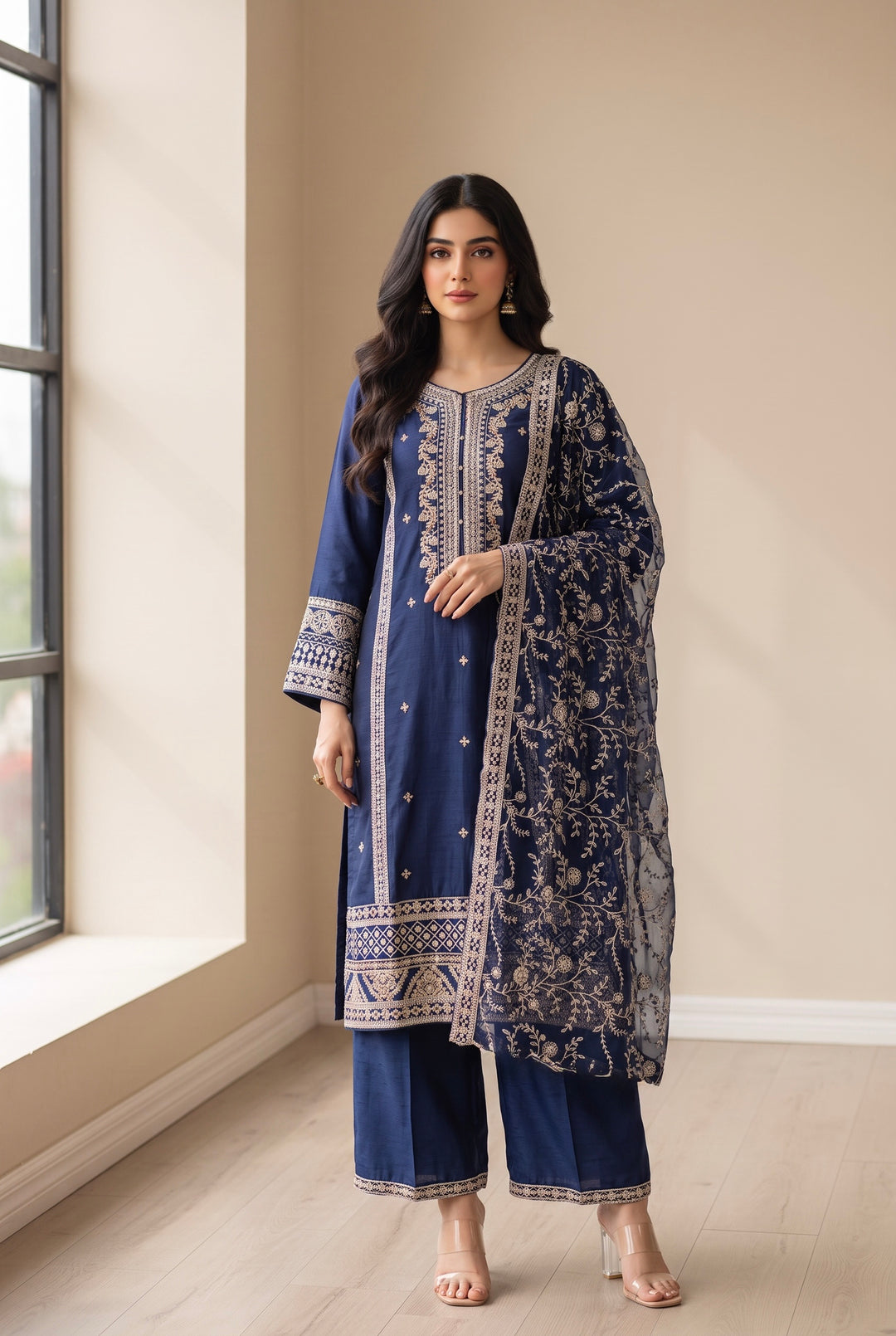 361- Blue Embroidered Silk 3 Piece Suit