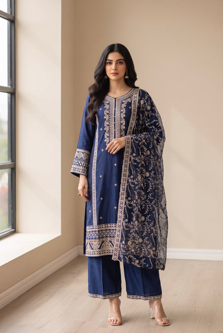 361- Blue Embroidered Silk 3 Piece Suit
