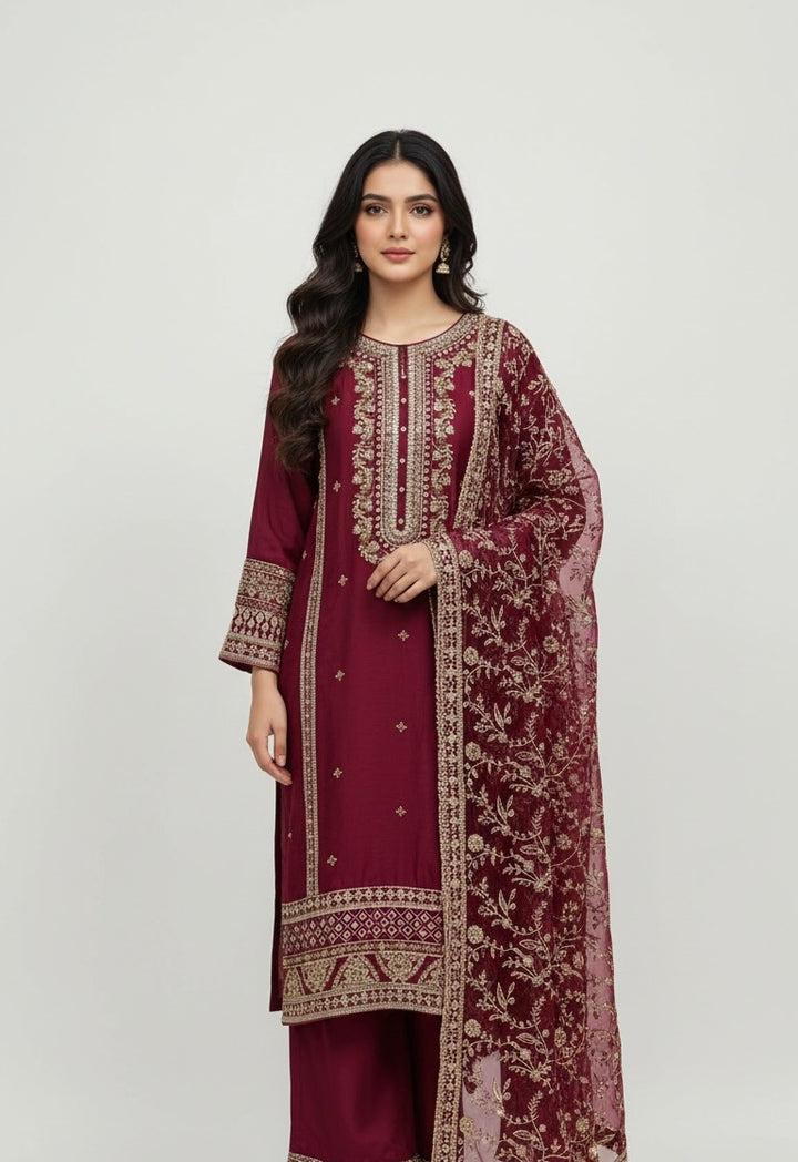 361B- Red Embroidered Silk 3 Piece Suit