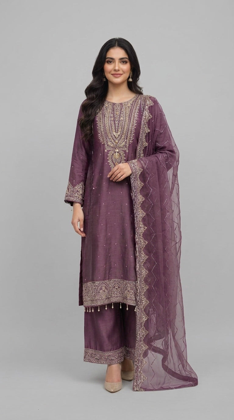 364B- Purple Embroidered Silk 3 Piece Suit