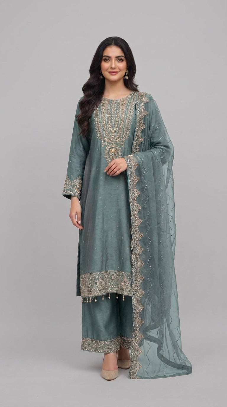 364A- Green Embroidered Silk 3 Piece Suit