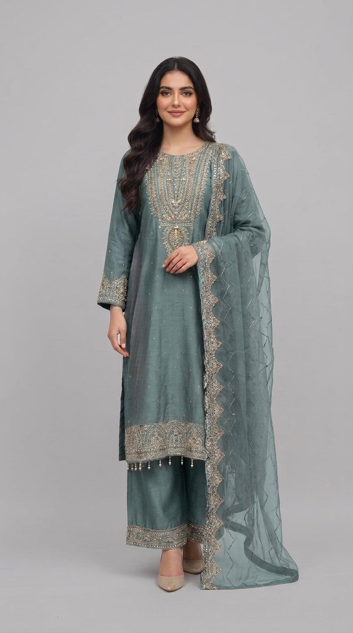 364A- Green Embroidered Silk 3 Piece Suit