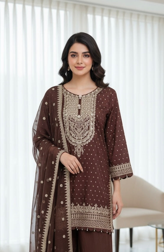 362D- Brown Embroidered Silk Farshi Shalwar 3 Piece Suit