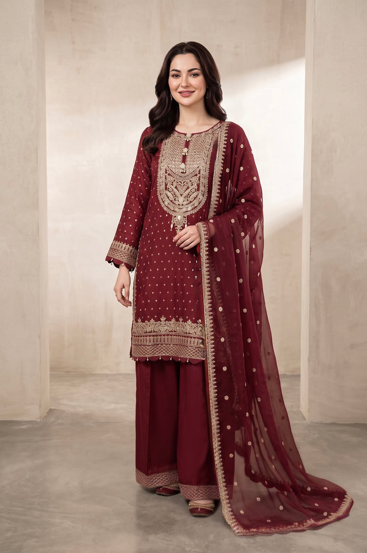 362A- Red Embroidered Silk Farshi Shalwar 3 Piece Suit