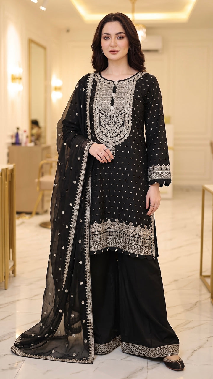 362B- Black Embroidered Silk Farshi Shalwar 3 Piece Suit