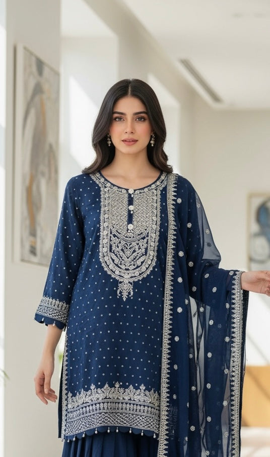 362C- Blue Embroidered Silk Farshi Shalwar 3 Piece Suit