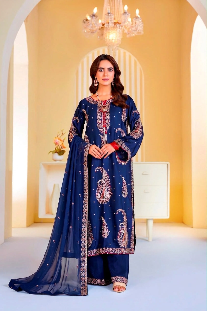 338B- Embroidered Shamoz Silk 3 Piece Suit