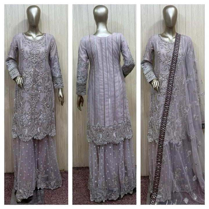 351D - LILAC NET EMBROIDERED SHARARA SUIT