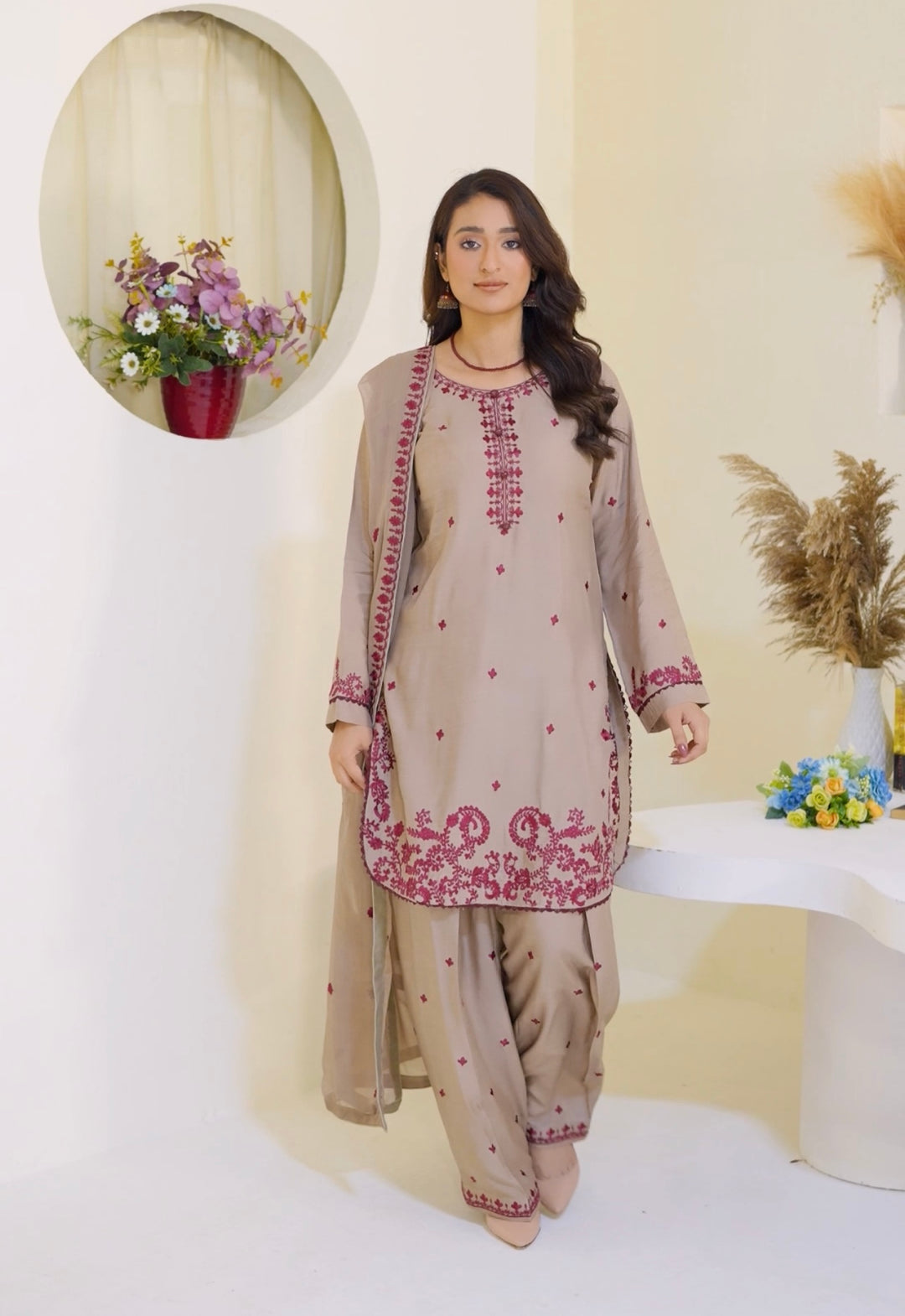 FV12 - Fawn Farshi Shalwar Viscose Silk Embroidered suit