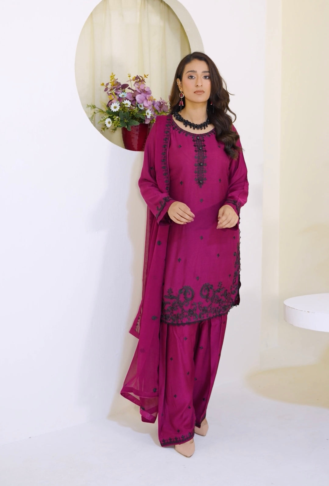 FV13 - Plum Farshi Shalwar Viscose Silk Embroidered suit