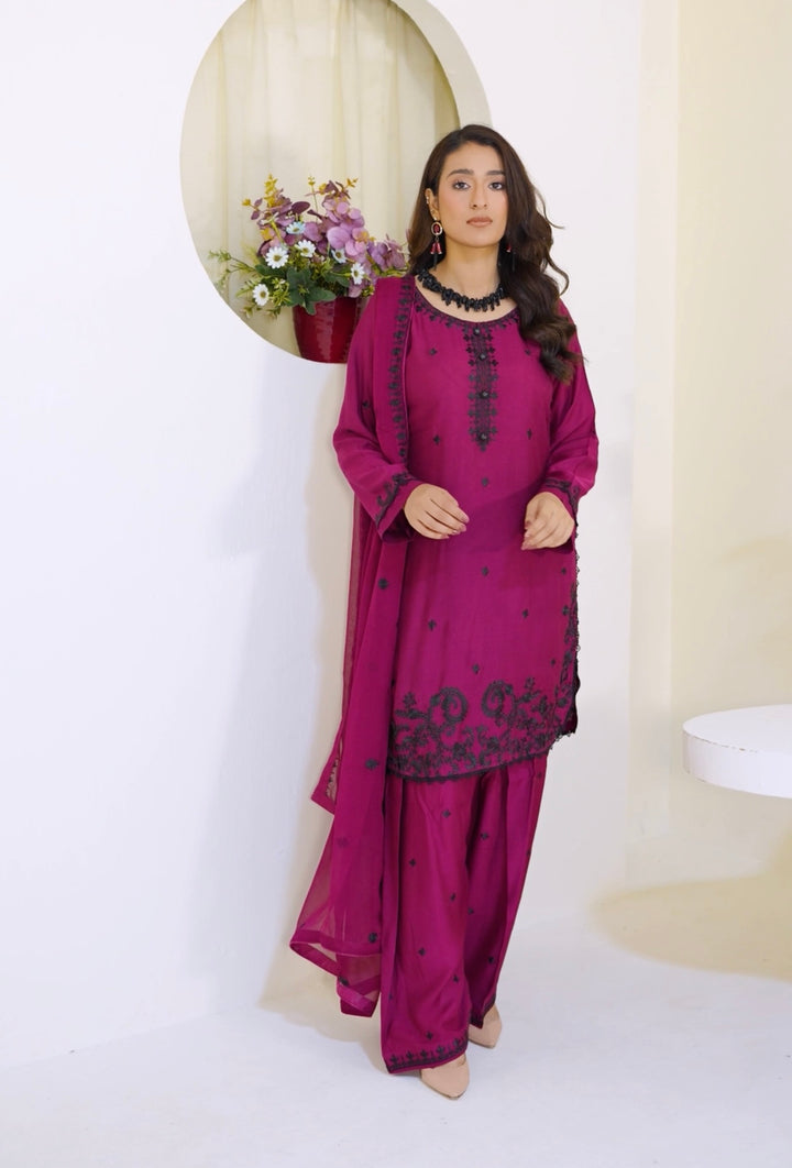 FV13 - Plum Farshi Shalwar Viscose Silk Embroidered suit