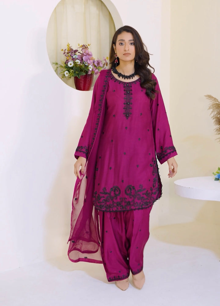 FV13 - Plum Farshi Shalwar Viscose Silk Embroidered suit