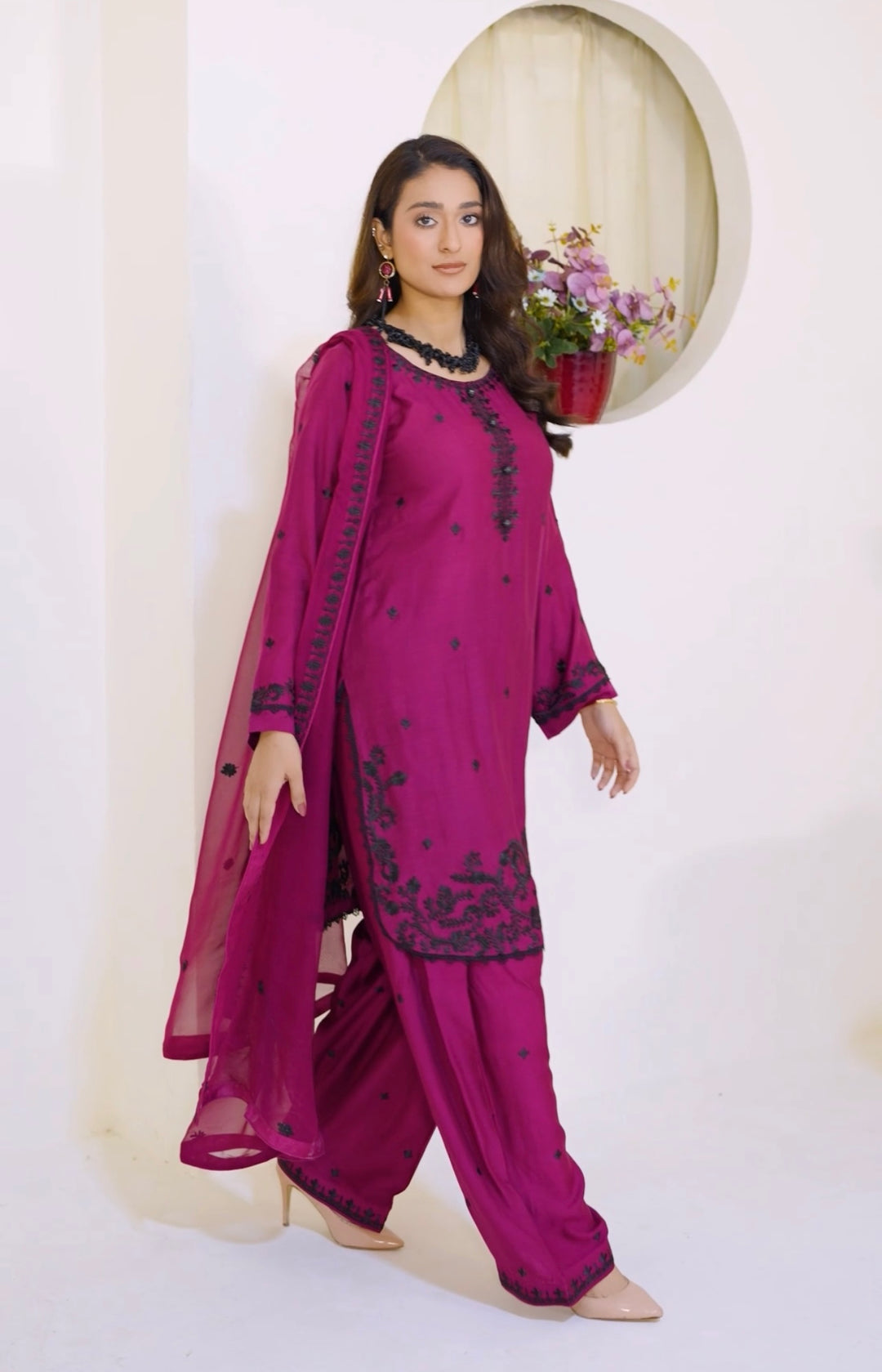 FV13 - Plum Farshi Shalwar Viscose Silk Embroidered suit
