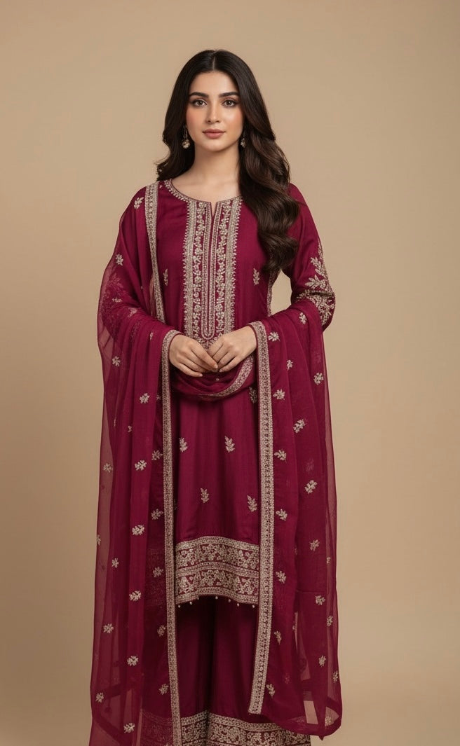 365A- Red Embroidered Silk 3 Piece Suit