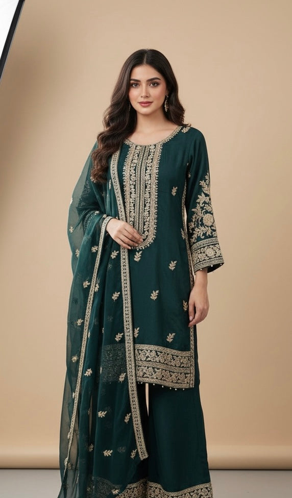 365B- Green Embroidered Silk 3 Piece Suit