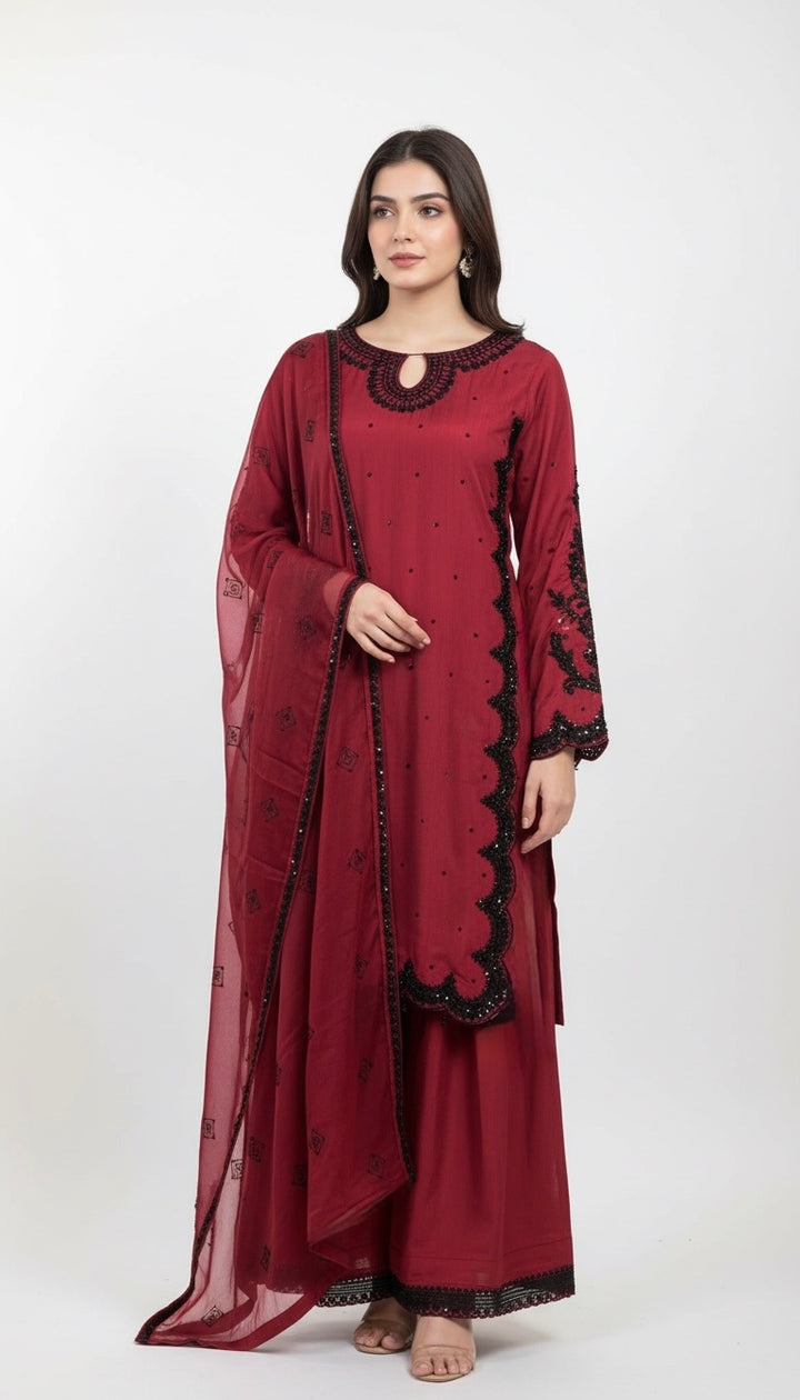 367A- Red Embroidered Silk Farshi Shalwar 3 Piece Suit