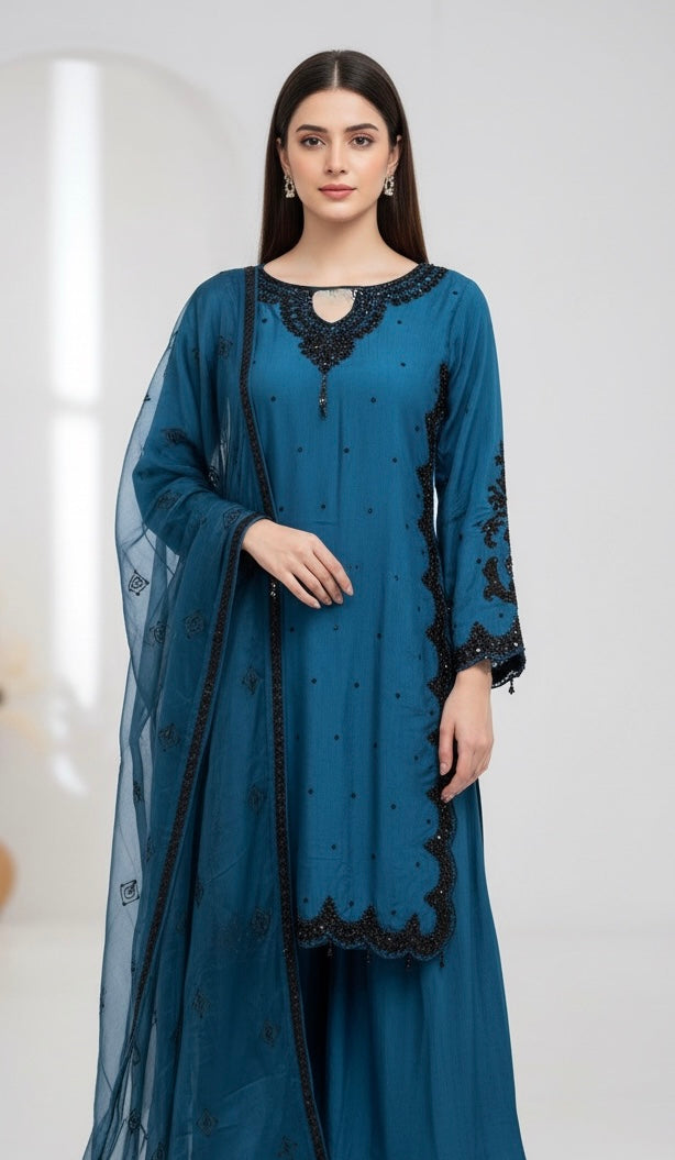367B- Blue Embroidered Silk Farshi Shalwar 3 Piece Suit