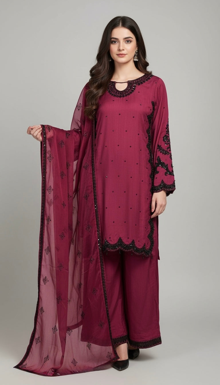 367C- Pink Embroidered Silk Farshi Shalwar 3 Piece Suit