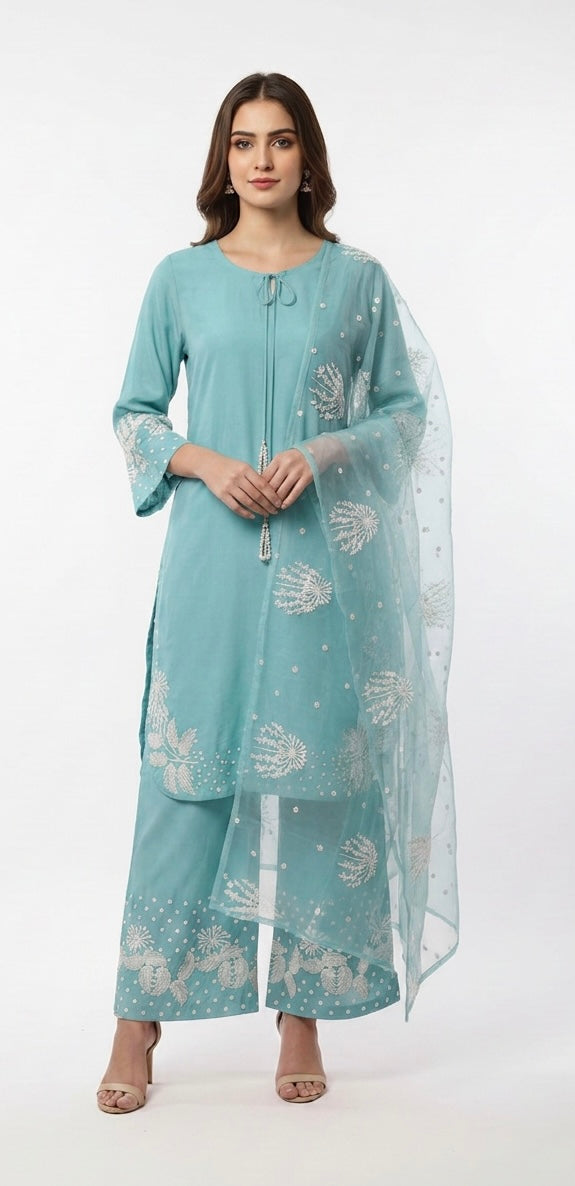 1179E - Aqua Embroidered Viscose 3 Piece suit