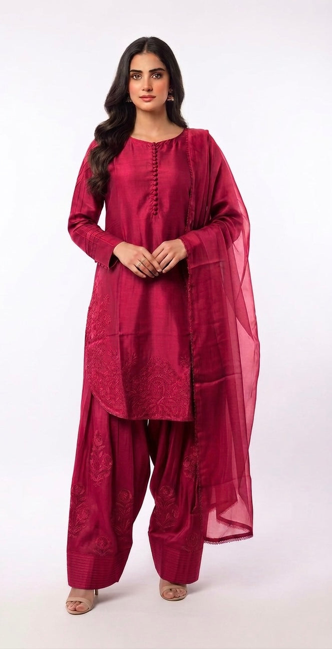 1113A - Pink Embroidered Viscose Farshi Shalwar 3 Piece suit