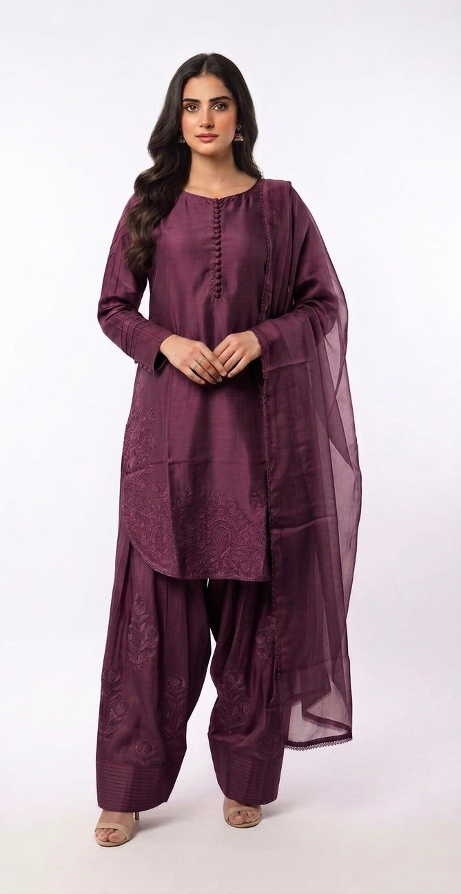 1113B - Purple Embroidered Viscose Farshi Shalwar 3 Piece suit