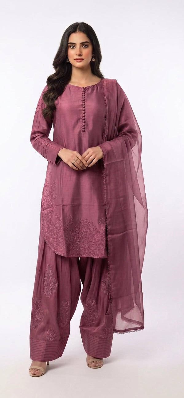 1113C - Purplish Pink Embroidered Viscose Farshi Shalwar 3 Piece suit