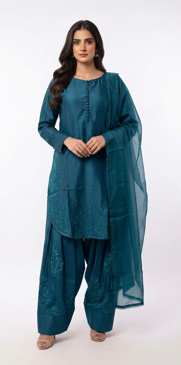 1113D - Teal Embroidered Viscose Farshi Shalwar 3 Piece suit