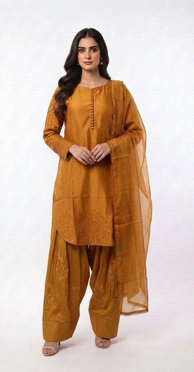 1113E - Mustard Embroidered Viscose Farshi Shalwar 3 Piece suit