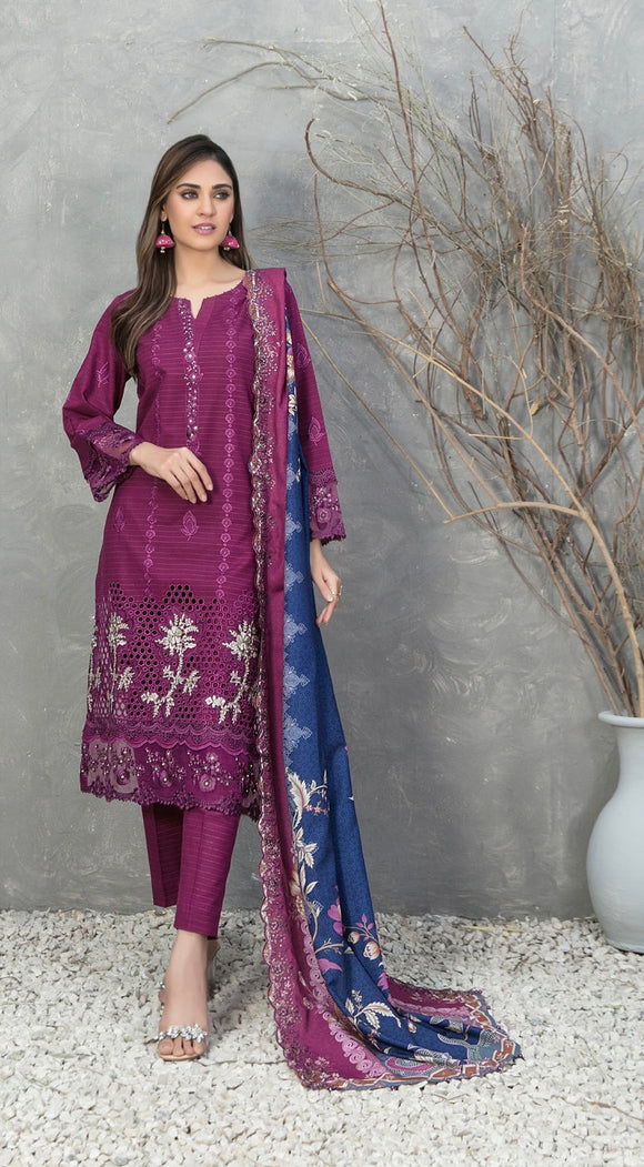 D-1163 - DIMAH EMBROIDERED SCHIFFLI ZARI KHADDAR 3 PIECE SUIT