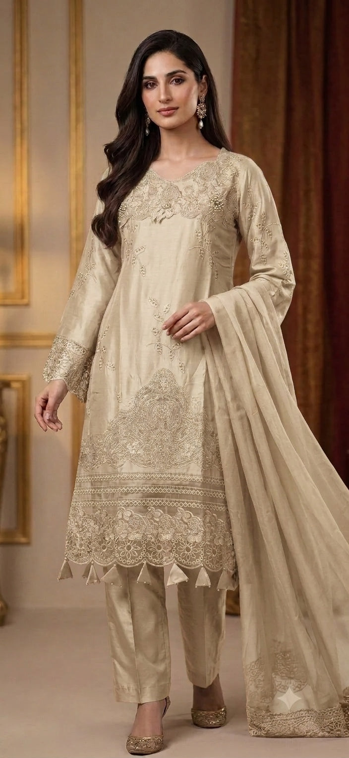 1115B - Beige Embroidered Viscose 3 Piece suit