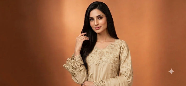 1115B - Beige Embroidered Viscose 3 Piece suit