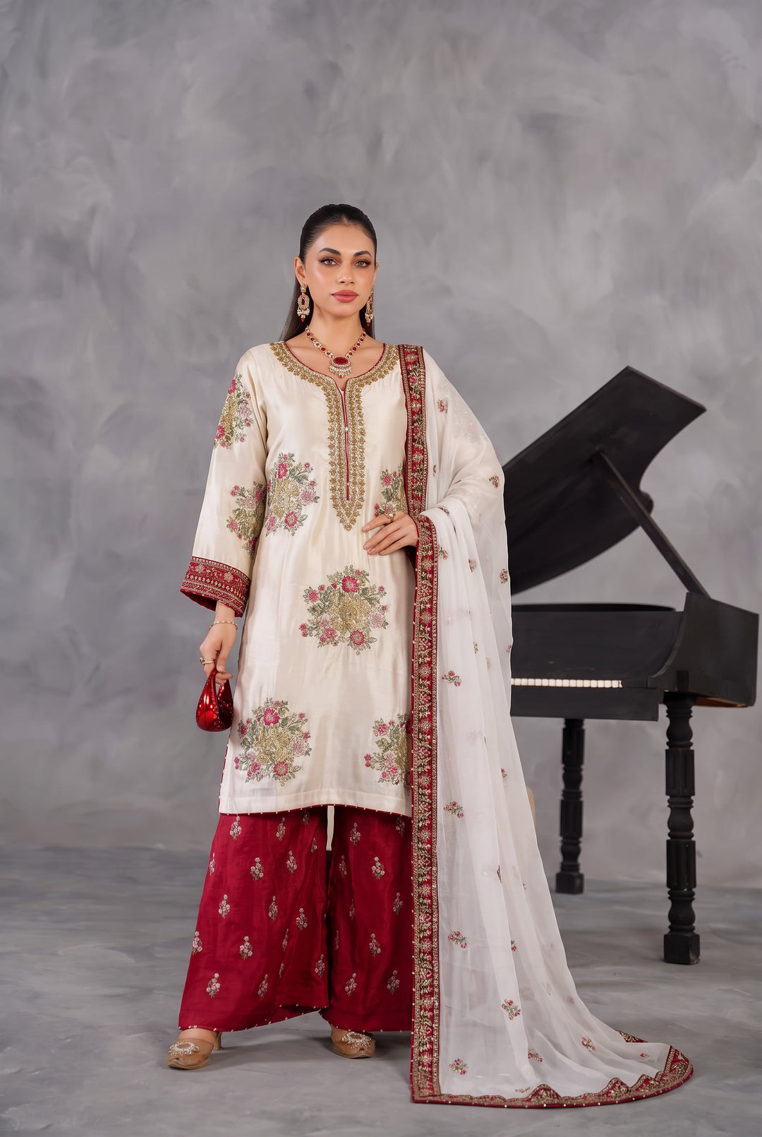 335D- White/Red Embroidered Shamoz Silk 3 Piece Suit - East meets west clothing 