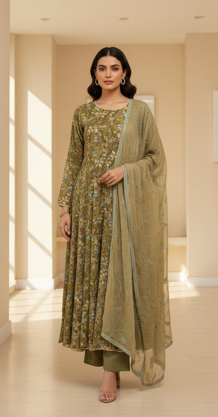 GS04 - Green Floral Cotton Long Dress 3-Piece Pakistani suit