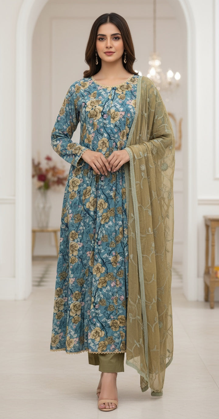 GS02 - Blue Floral Cotton Long Dress 3-Piece Pakistani suit