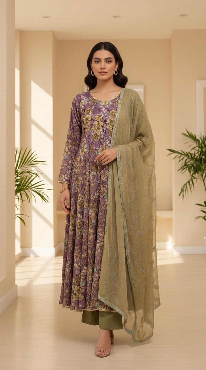 GS01 - Purple Floral Cotton Long Dress 3-Piece Pakistani Suit