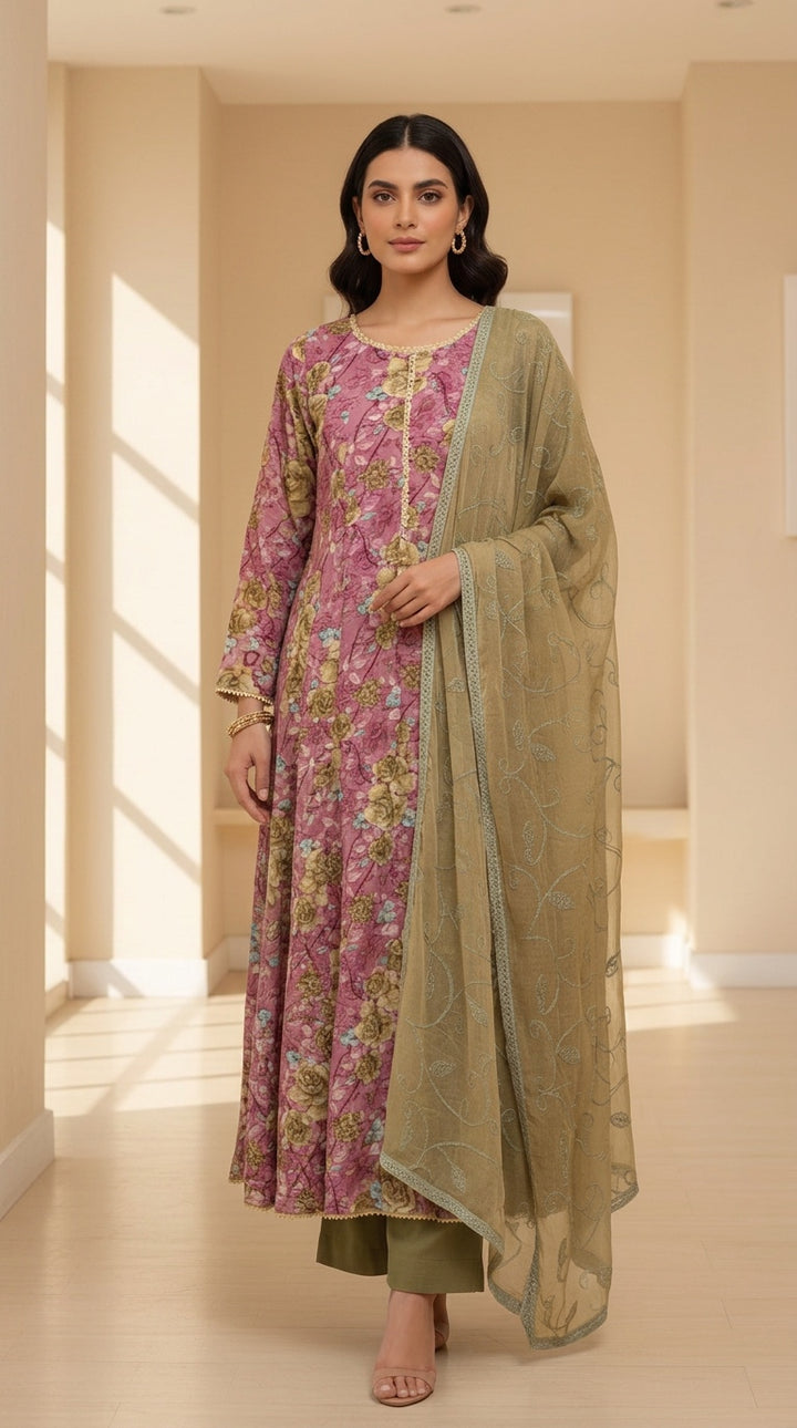 GS03 - Pink Floral Cotton Long Dress 3-Piece Pakistani suit