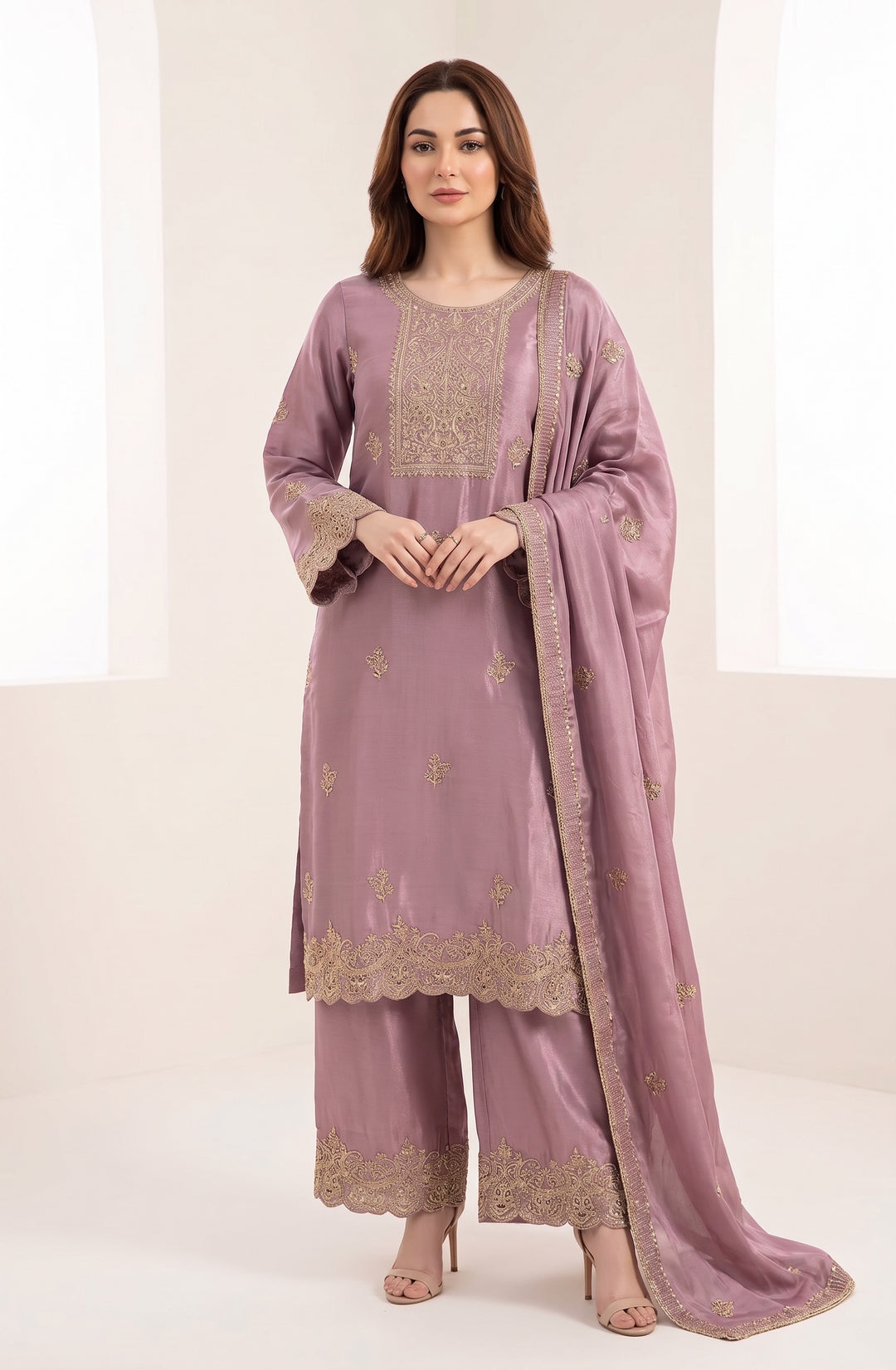 315C- PURPLE EMBROIDERED SHIMMER SILK 3 PIECE SUIT
