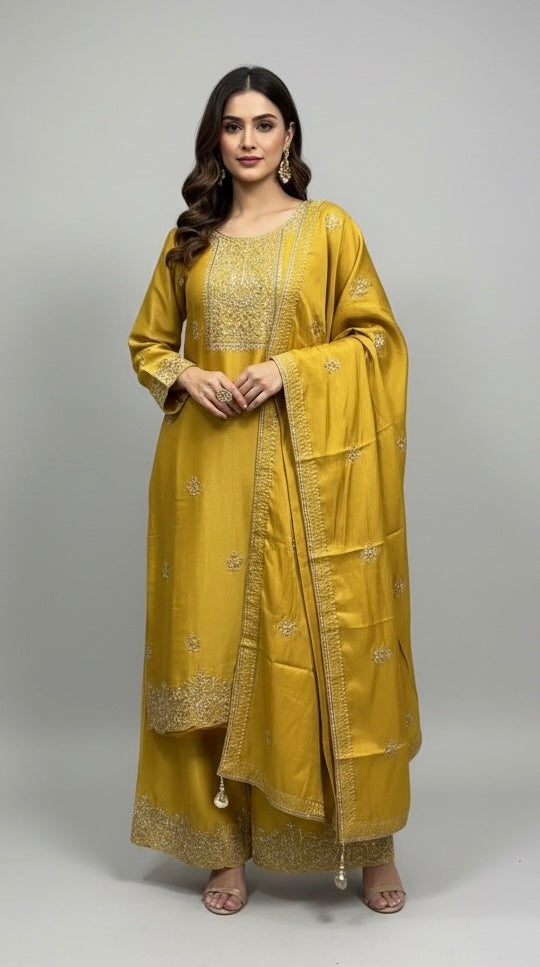 315B- MUSTARD EMBROIDERED SHIMMER SILK 3 PIECE SUIT