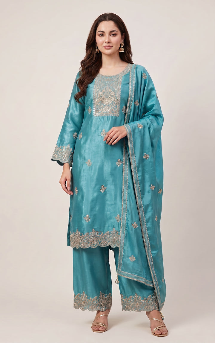315D- TURQUOISE EMBROIDERED SHIMMER SILK 3 PIECE SUIT
