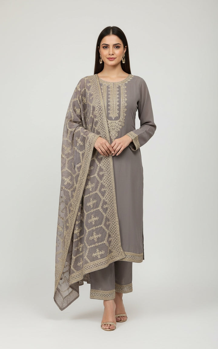 316A- MAUVE GREY EMBROIDERED CHIFFON 3 PIECE SUIT