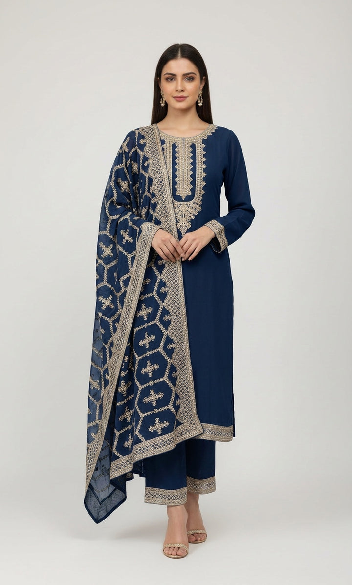 316A- BLUE EMBROIDERED CHIFFON 3 PIECE SUIT