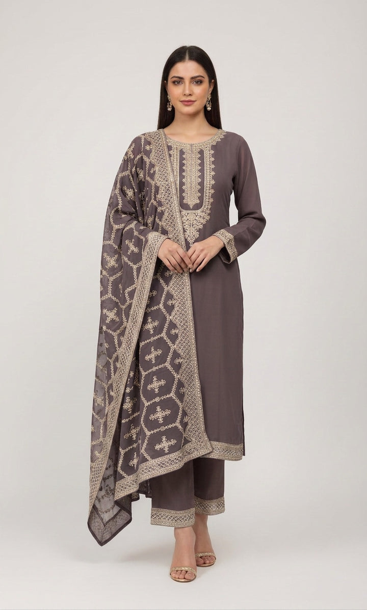 316C- MAUVE BROWN EMBROIDERED CHIFFON 3 PIECE SUIT