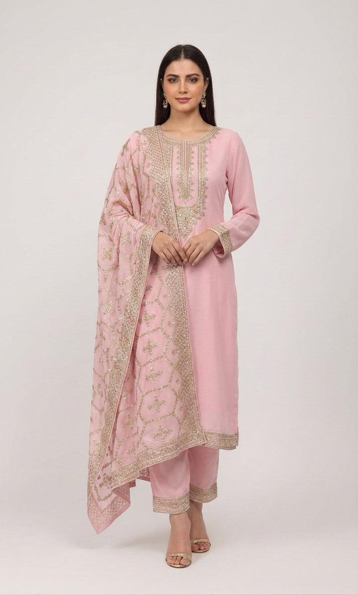 316D- PINK EMBROIDERED CHIFFON 3 PIECE SUIT