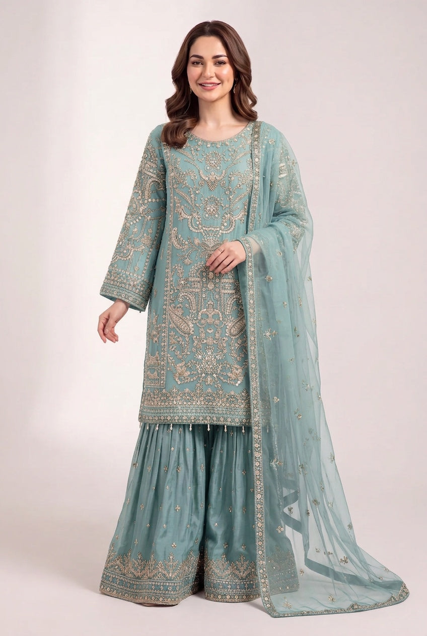 353C - Light Blue Embroidered Chiffon Gharara 3 Piece Suit