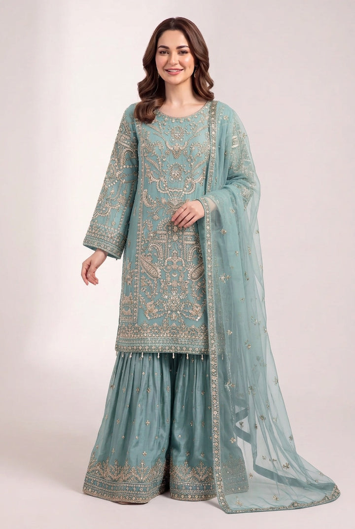 353C - Light Blue Embroidered Chiffon Gharara 3 Piece Suit