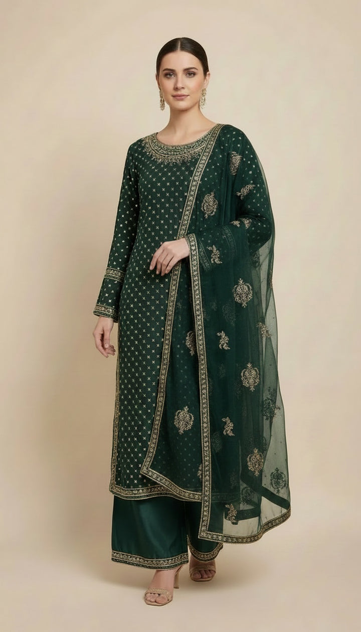 345D- Green Embroidered Chiffon 3 Piece Suit
