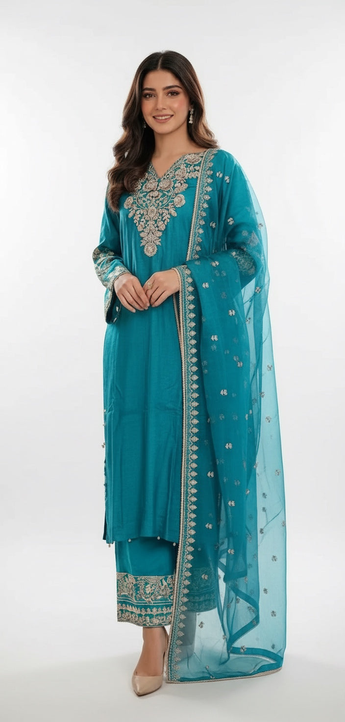360C- Turquoise Embroidered Silk 3 Piece Suit