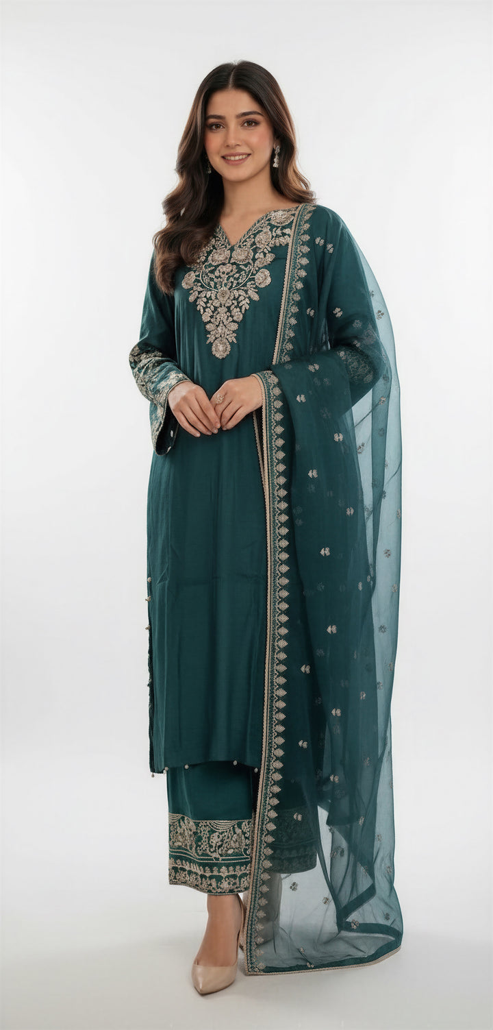 360D- Green Embroidered Silk 3 Piece Suit