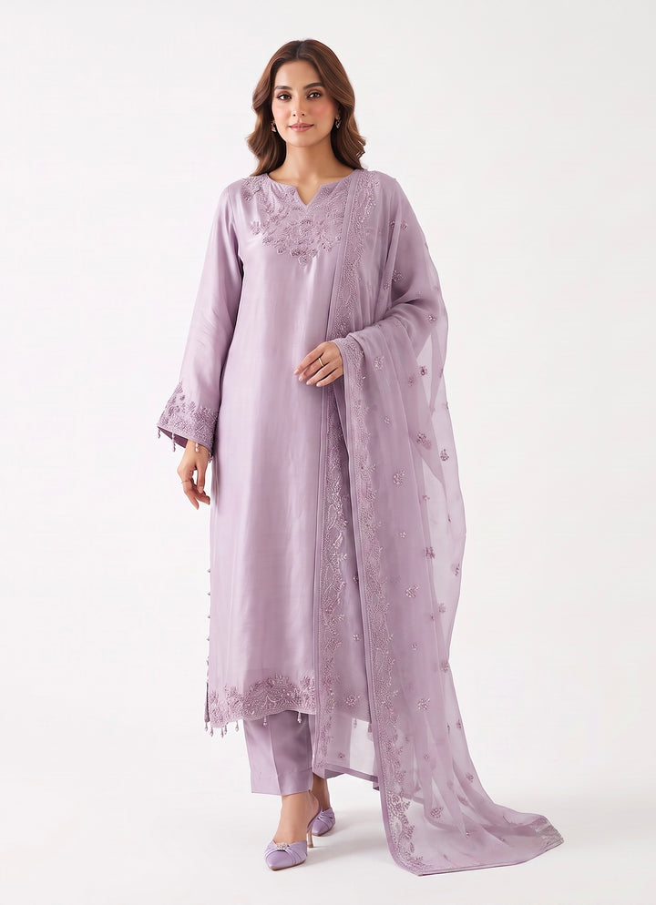 Zc2842a - Lavender Tussle Silk Adda Work Kaftan Style Suit