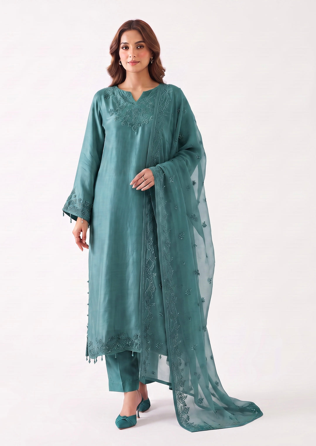 Zc2842b - Teal Tussle Silk Adda Work Kaftan Style Suit